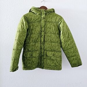 Lands End girls green print coat size XL 16 sherpa lining hood warm